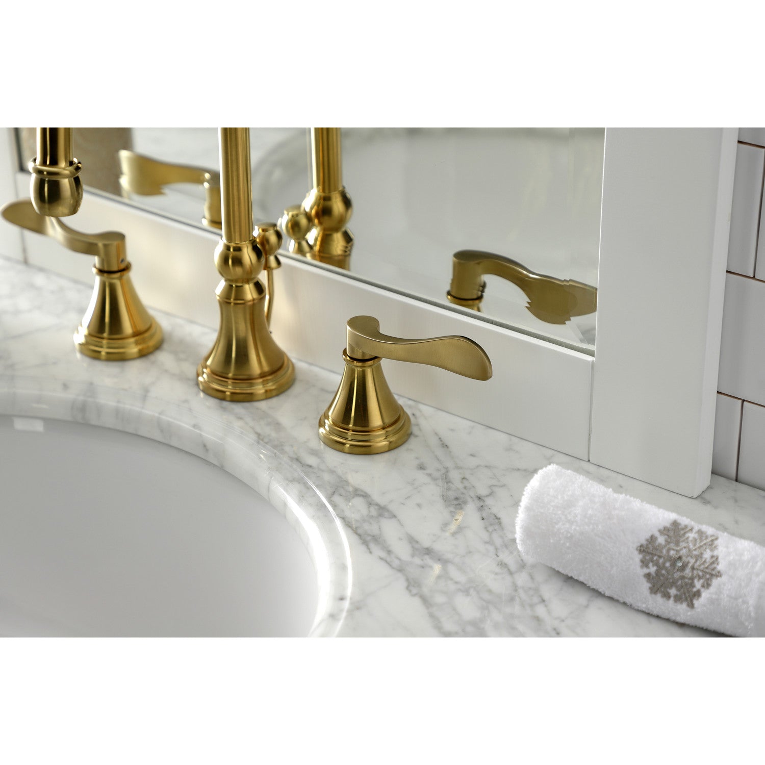 Kingston Tulare KS2987DFL - NuFrench Two-Handle 3-Hole Deck Mount Widespread Bathroom Faucet with Brass Pop-Up, Brushed Brass — thumbnail 2